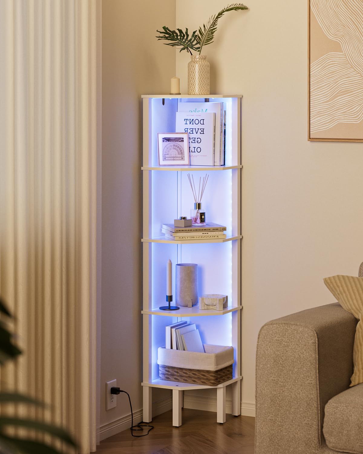 Scaffale angolare a LED con illuminazione, 5 ripiani, libreria angolare, scaffale per piante, per soggiorno, ufficio, camera da letto, 127 x 29 x 29 cm, bianco