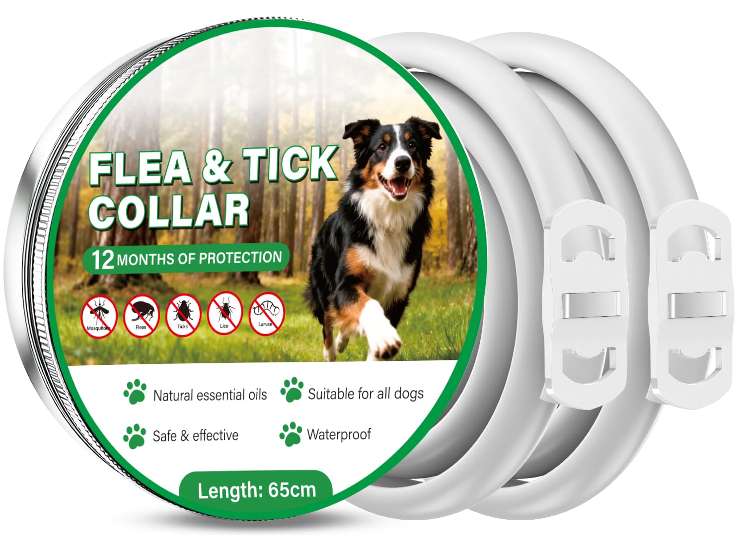 Collar Antiparasitario Perros 2 Unidades, hasta 12 Meses de Protección Prolongada, Collar Antipulgas y Garrapatas con Aceites Esenciales Naturales, 65 cm Ajustable Impermeable para Todos los Perros