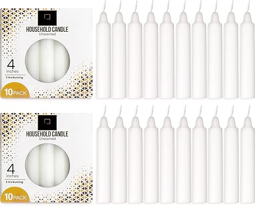 DecorRack Paquete de 20 mini velas cónicas blancas sin perfume, 4 pulgadas de alto con 0.5 pulgadas de diámetro, ideales para lanzar campanillas,
