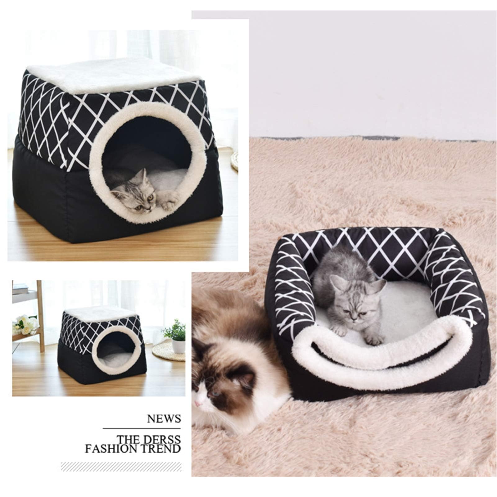 بيت قطط، سرير للحيوانات الاليفة قابل للطي 2 في 1 للقطط الصغيرة، سرير كهف للقطط في الاماكن المغلقة، سرير قطط منفوش (اسود، XL)