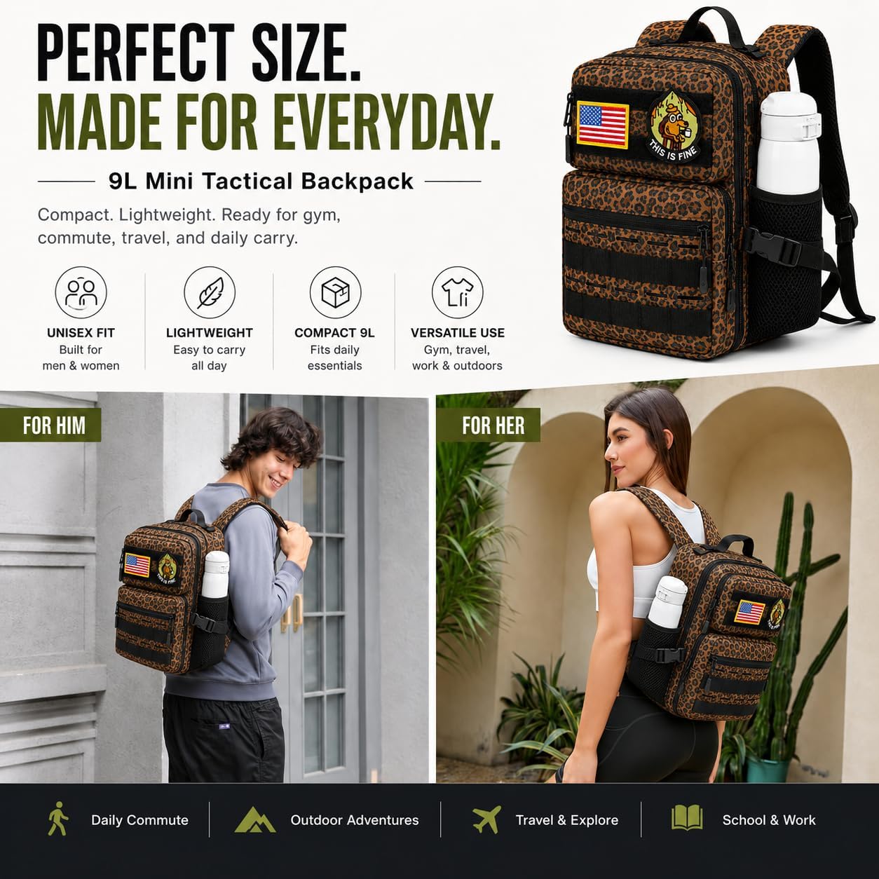 9L Mini Tactical Backpack for Men Women,Small Military Tactical Backpack for Sport,Gym,Hiking,Travel,Camping(Leopard)