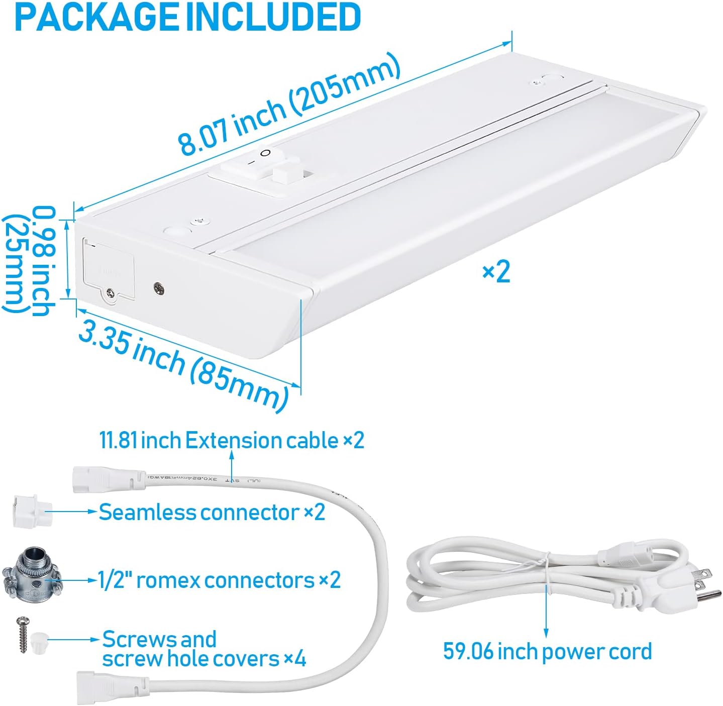 TORCHSTAR FlexiBright Series Rotatable LED Under Cabinet Lighting, 8 Inch 6W 450LM, Hardwired & Plug-in, 120V ETL Listed Dimmable Under Counter Lights, White Aluminum Housing, 3K/4K/5K, Pack of 2