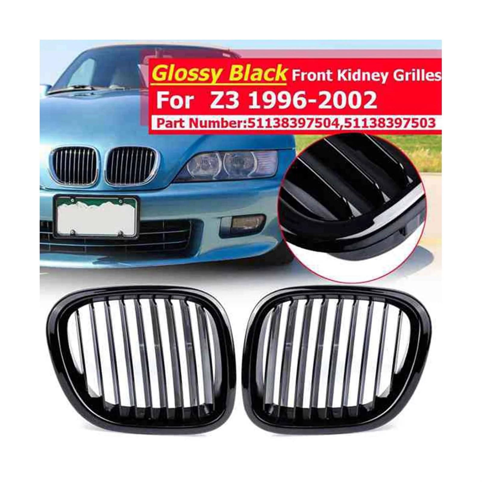 Griglia anteriore for cofano anteriore nera lucida for auto, griglie sportive da corsa compatibili con BMW Z3 Cabrio Coupé 1996-2002