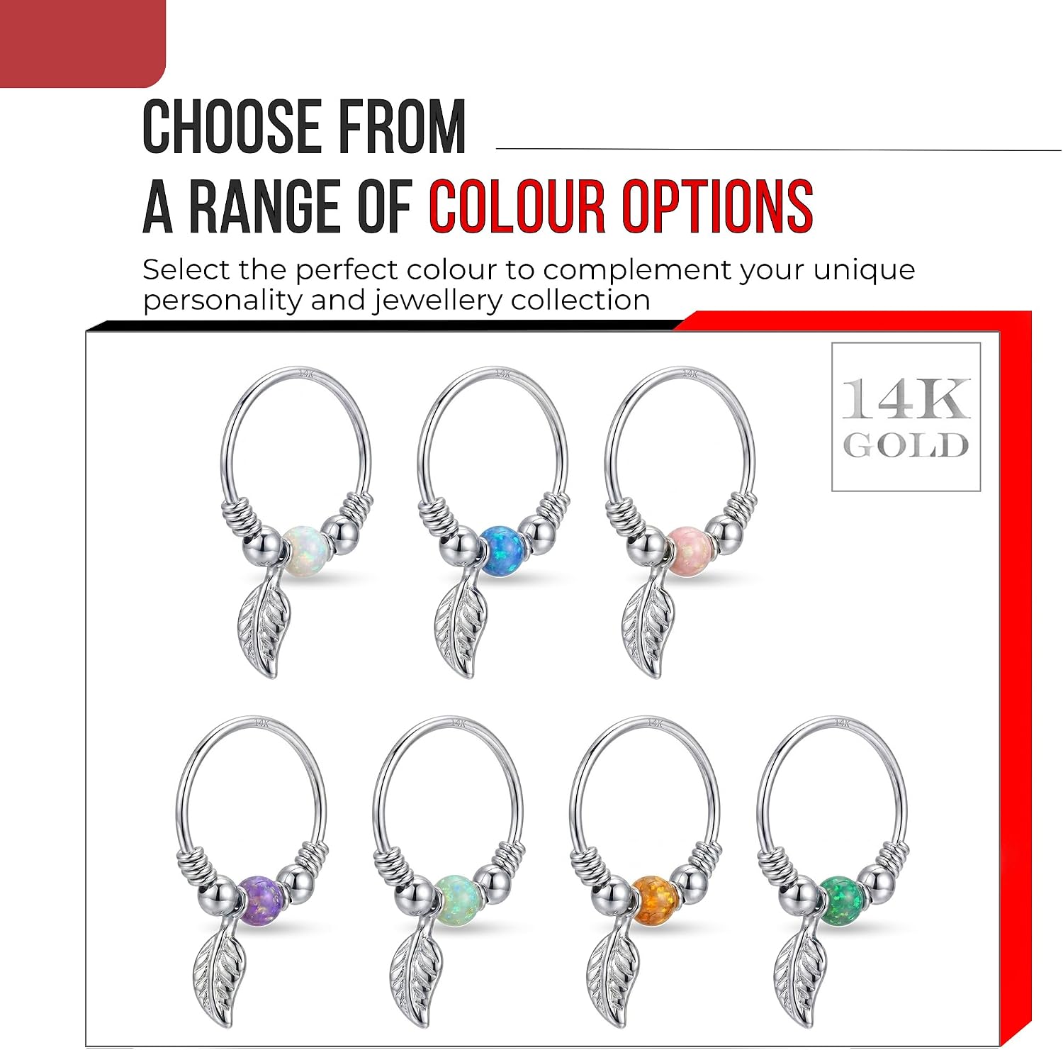 14K Solid White Gold Opal Stone with Single Leaf - Double Ball and Spring Coil 22 Gauge Hoop Nose Ring - Cartilage - Daith - Rook - Lobe - Conch Piercing Body Jewelry