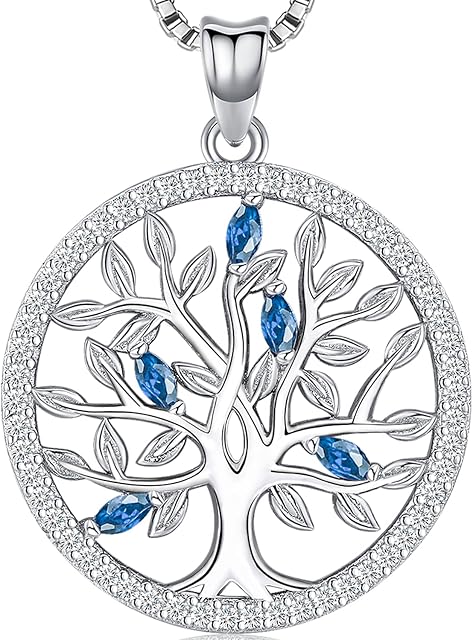 Aniu Family Tree of Life Necklace for Women/Girls, 925 Sterling Silver Birthstone Pendant, 5A Cubic Zirconia Jewellery(with Gift Box)