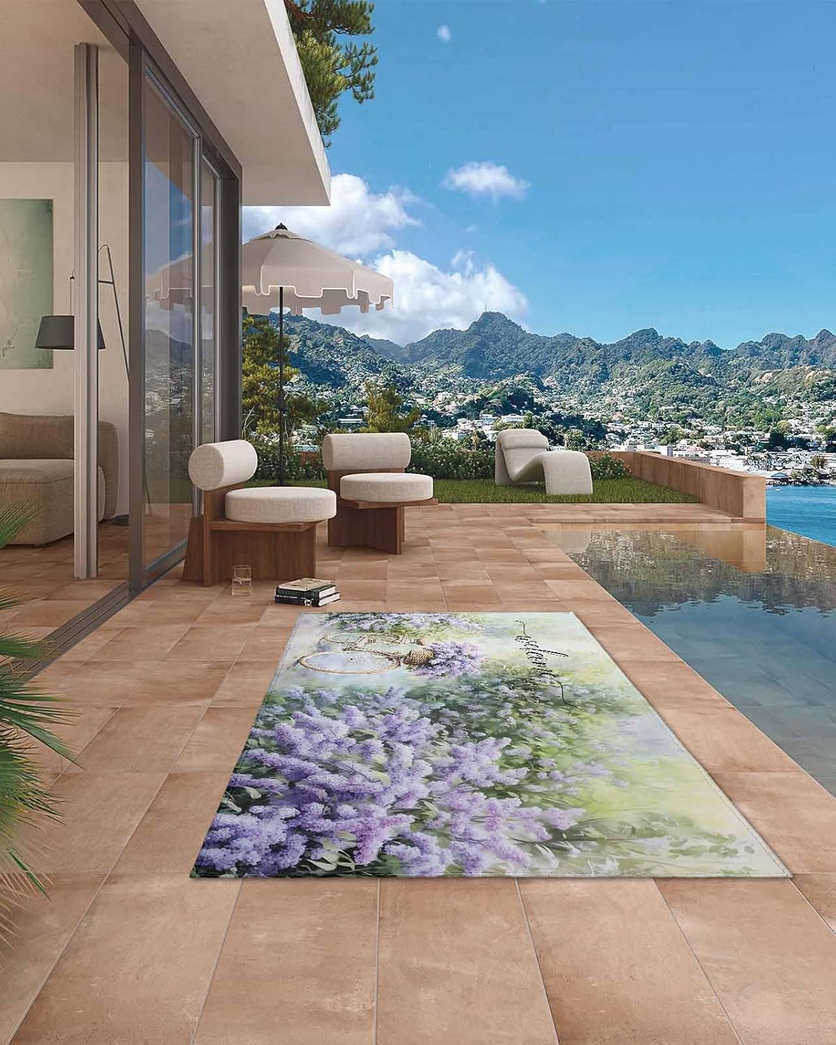 Outdoor Rug 4x6 ft Welcome Lavender Outdoor Large Area Rug Non Slip Rubber Bicycle Pastoral Floral Front Door Mat RV Rug Camping Carpet Patio Outdoor Rugs for Backyard Balcony Deck Porch Indoor