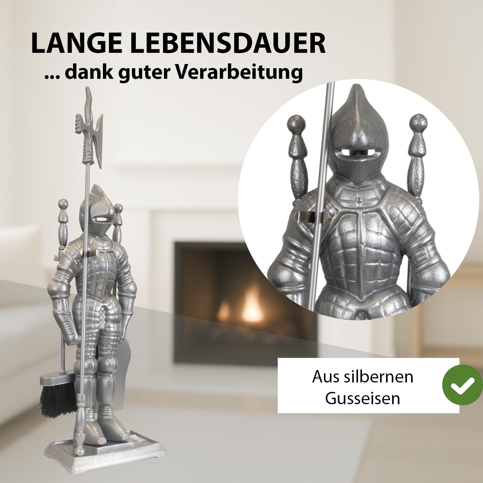 TRUTZHOLM Kamingarnitur Kaminbesteck Ritter Kaminset Ofenbesteck schwarz oder silber 4-tlg Schaufel, Besen, 1x Schürhaken, 1x Hellebarde Gusseisen (Silber)