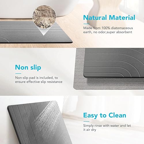 Miniatura 4 de Tapete de baño grande de secado de piedra de 32 x 20 pulgadas, tapete de baño de tierra de diatomeas, de secado rápido, antideslizante, absorbente,