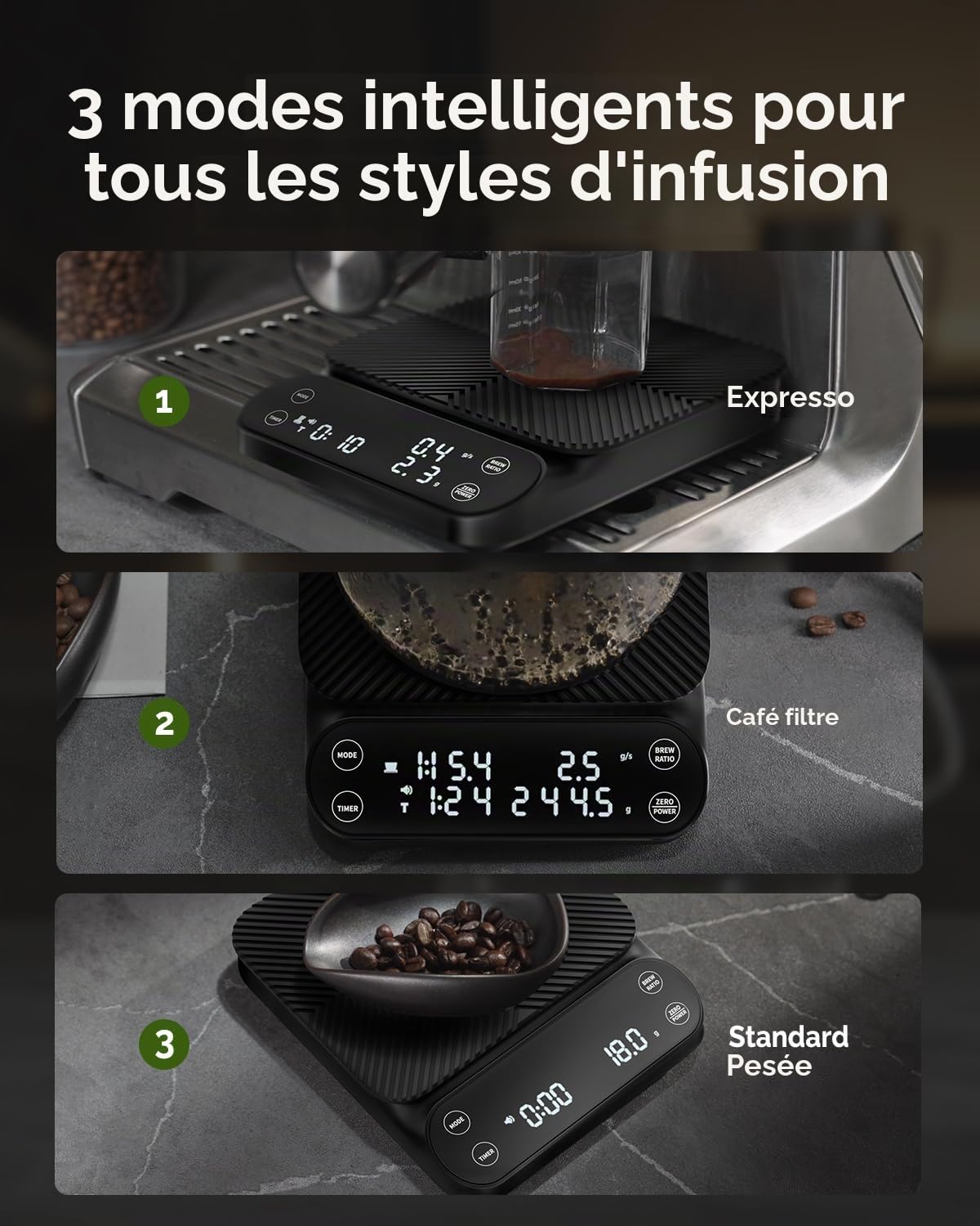 Maestri House Balance à café rechargeable avec minuterie, 3 kg/0,1 g, 3 modes d'infusion, rapport d'infusion personnalisable, balance numérique de qualité barista pour verser, expresso, presse