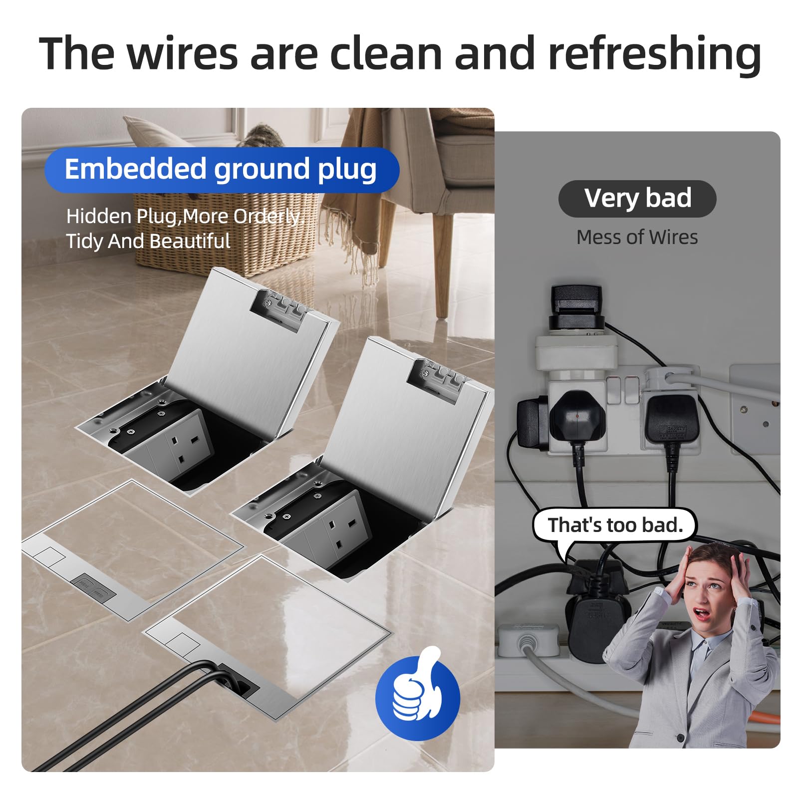 Kit di prese elettriche da incasso a pavimento, con presa da 13 A, anti-manomissione, copertura resistente alla corrosione, per cucina, ufficio, aree pubbliche (argento, presa 13A)