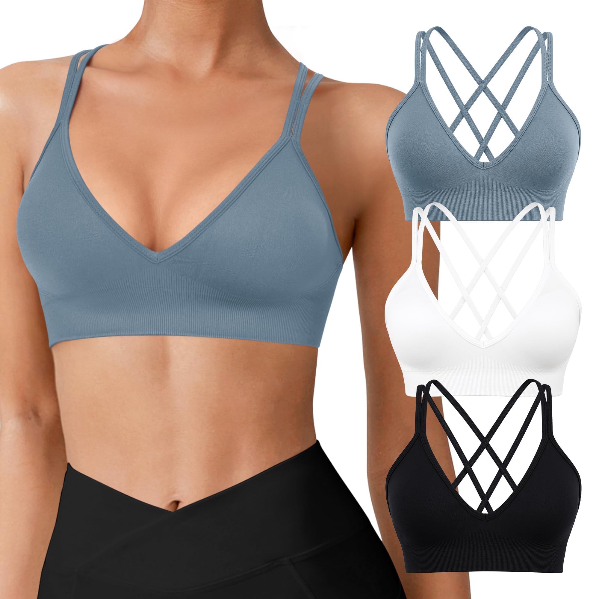 VEQKING Seamless V-Neck Sports Bra 3 Pack