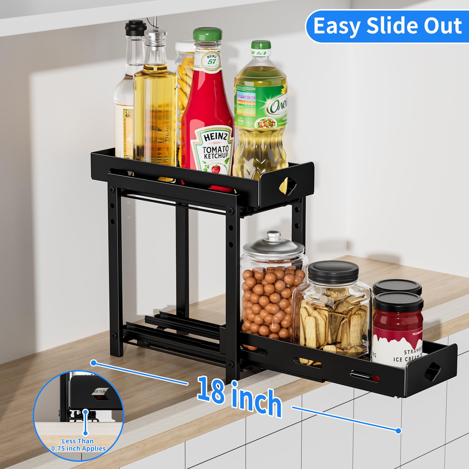 BOIVSHI Ausziehbares Gewürzregal für Schrank, 2-stöckiges Gewürzregal, höhenverstellbar, vertikales Gewürzregal für Küchenschrank, 13 cm B x 27 cm T x 23 cm H, Metall schwarz