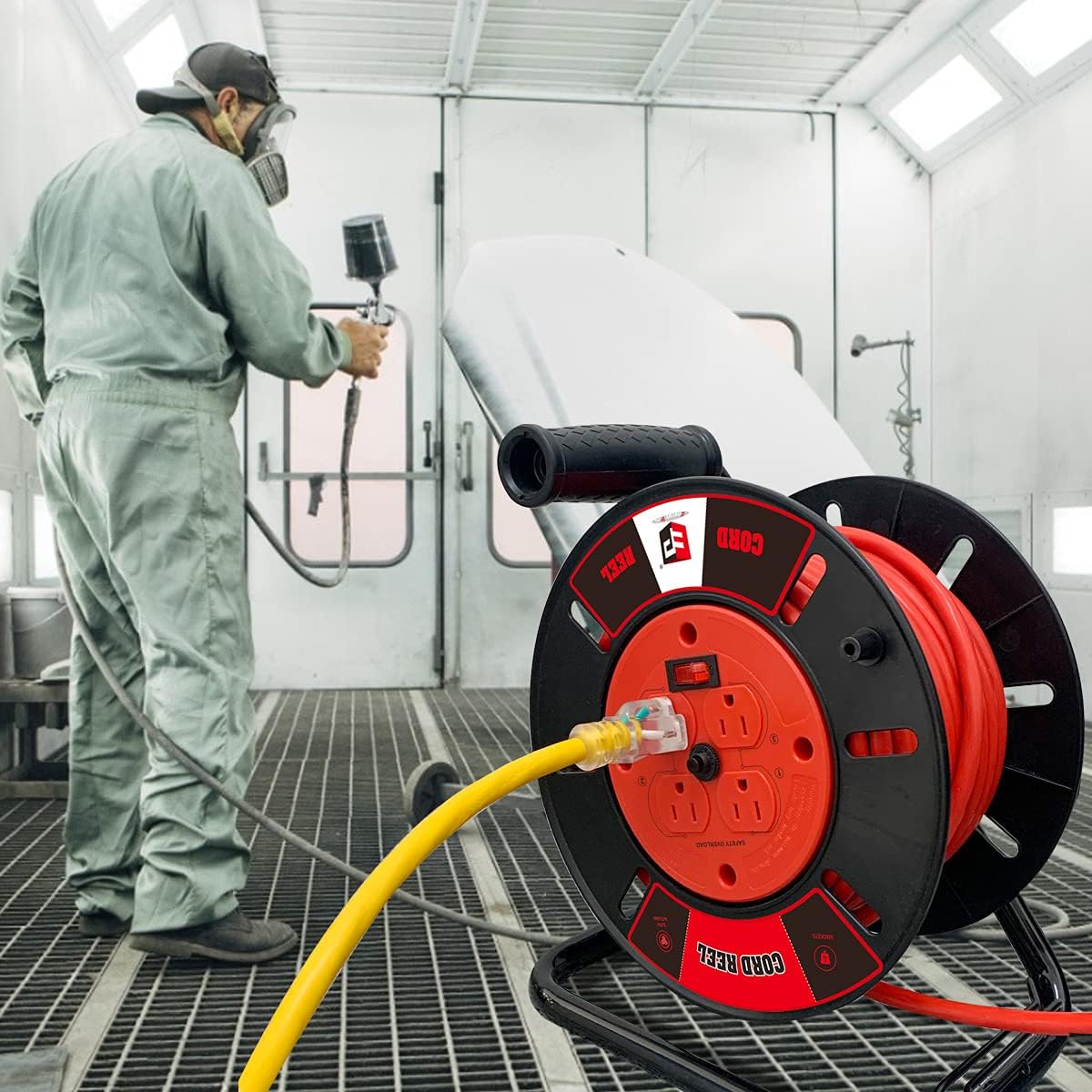 EP Extension Cord Storage Reel with 4-Grounded Outlets, Heavy Duty Open Cord Reel for 12/3 14/3 16/3 Power Cords, Portable Empty Hand Crank Electric Cord Roller Holder, Red