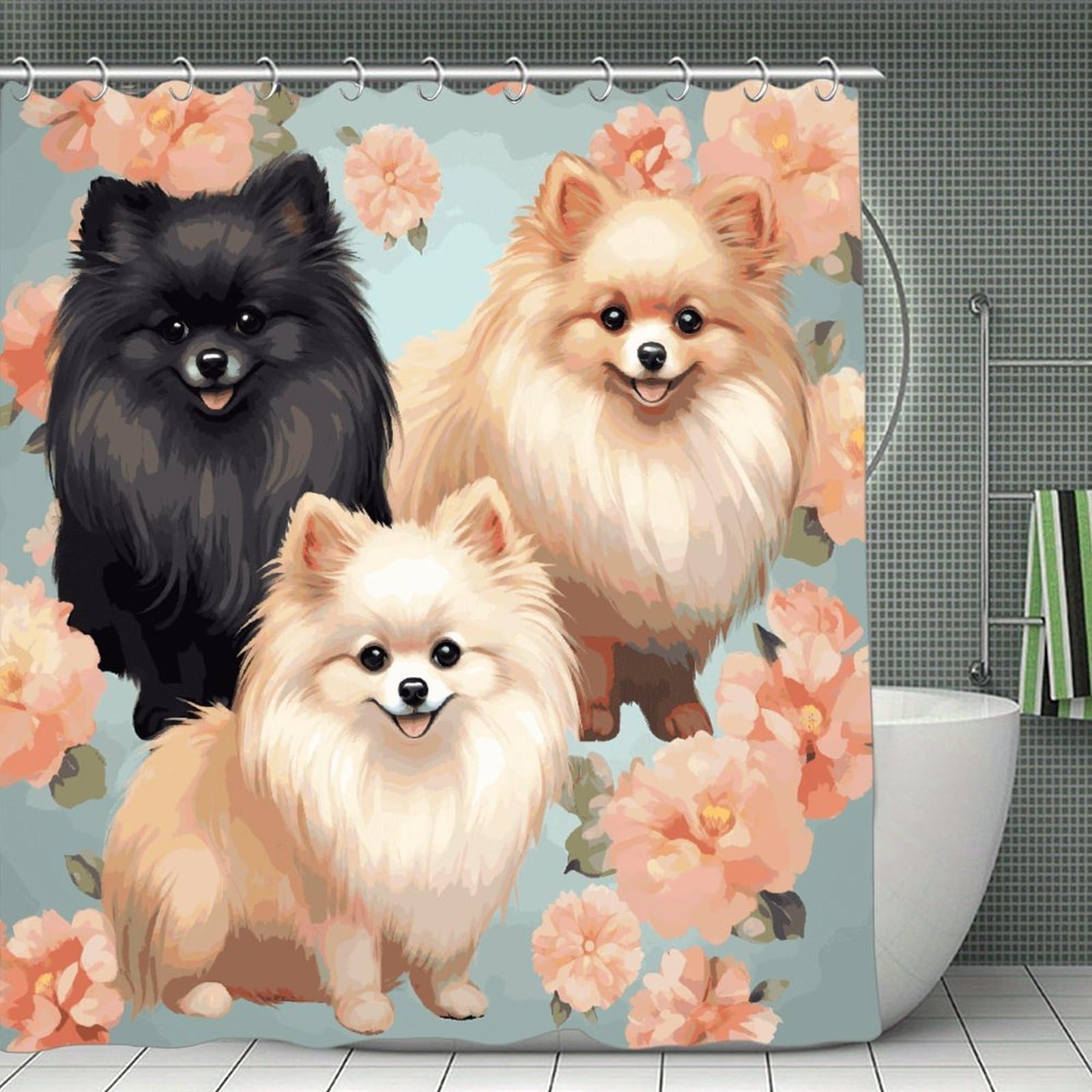 FekiLoot Pomeranians Pattern Shower Curtain Minimalist Thick Bathroom Curtain Washable Modern Bathroom Shower Curtain Heavy Duty Waterproof Cloth Bath Curtain with Hooks 70.8"x70.8"