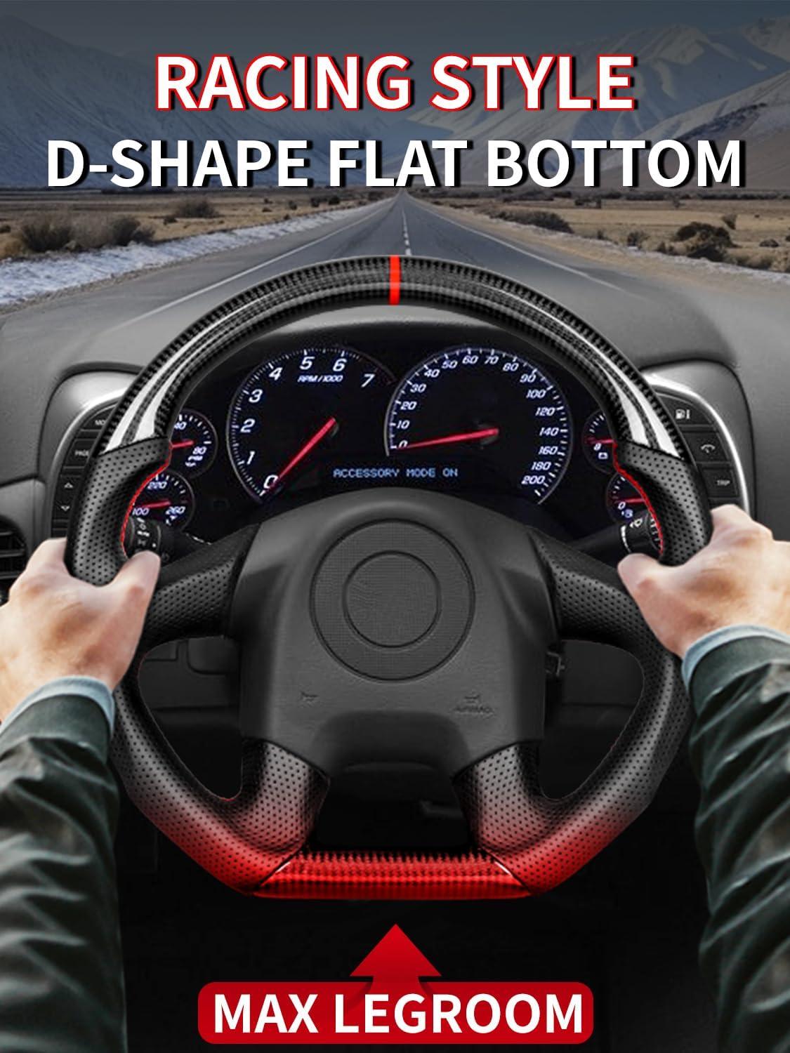 Real Carbon Fiber Steering Wheel For Chevy Corvette C6 4 Spoke 2005, Track Style D-Shaped Flat-Bottom, Perforated Nappa Leather Grips, Red Stripe & Stitching (C6 4 SPOKE 2005 ONLY)