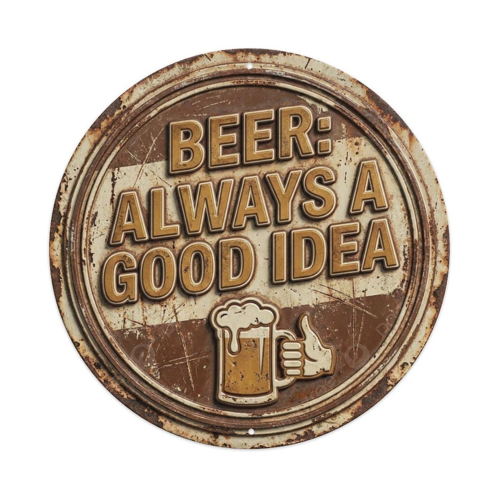 Beer Good Idea Nostalgic Living Accessory Retro Slogans Vintage Metal Tin Sign Plaque Wall Decor for Cafe, Club, Garden Round Metal Poster 8x8Inch