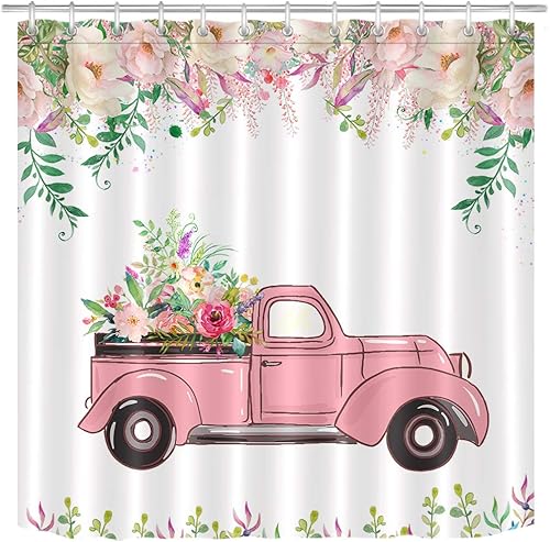 LB Juego de cortinas de ducha con diseño de flores de camión de granja, estilo rústico floral rosa con hojas, cortina de baño con ganchos, 72 x 72