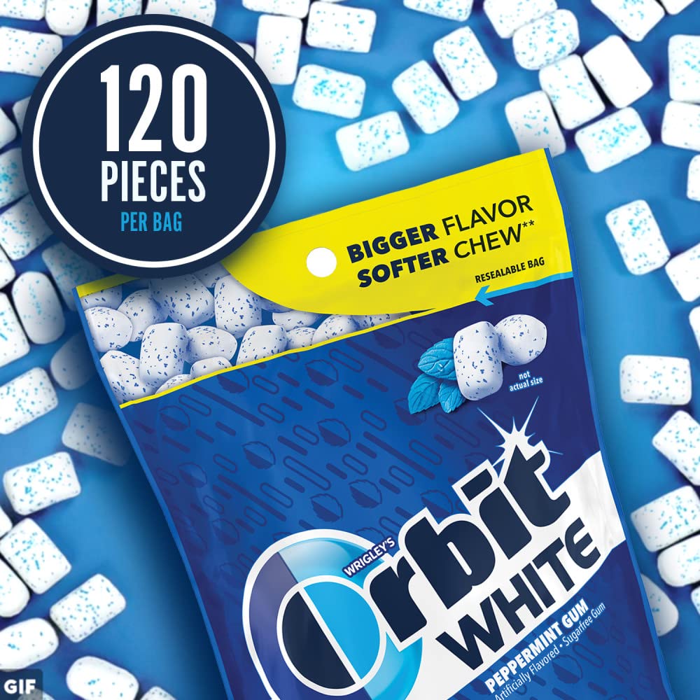 ORBIT WHITE Peppermint Gum - Sugar-Free Chewing Gum, Resealable Bag 120 Pieces, 8 Pack