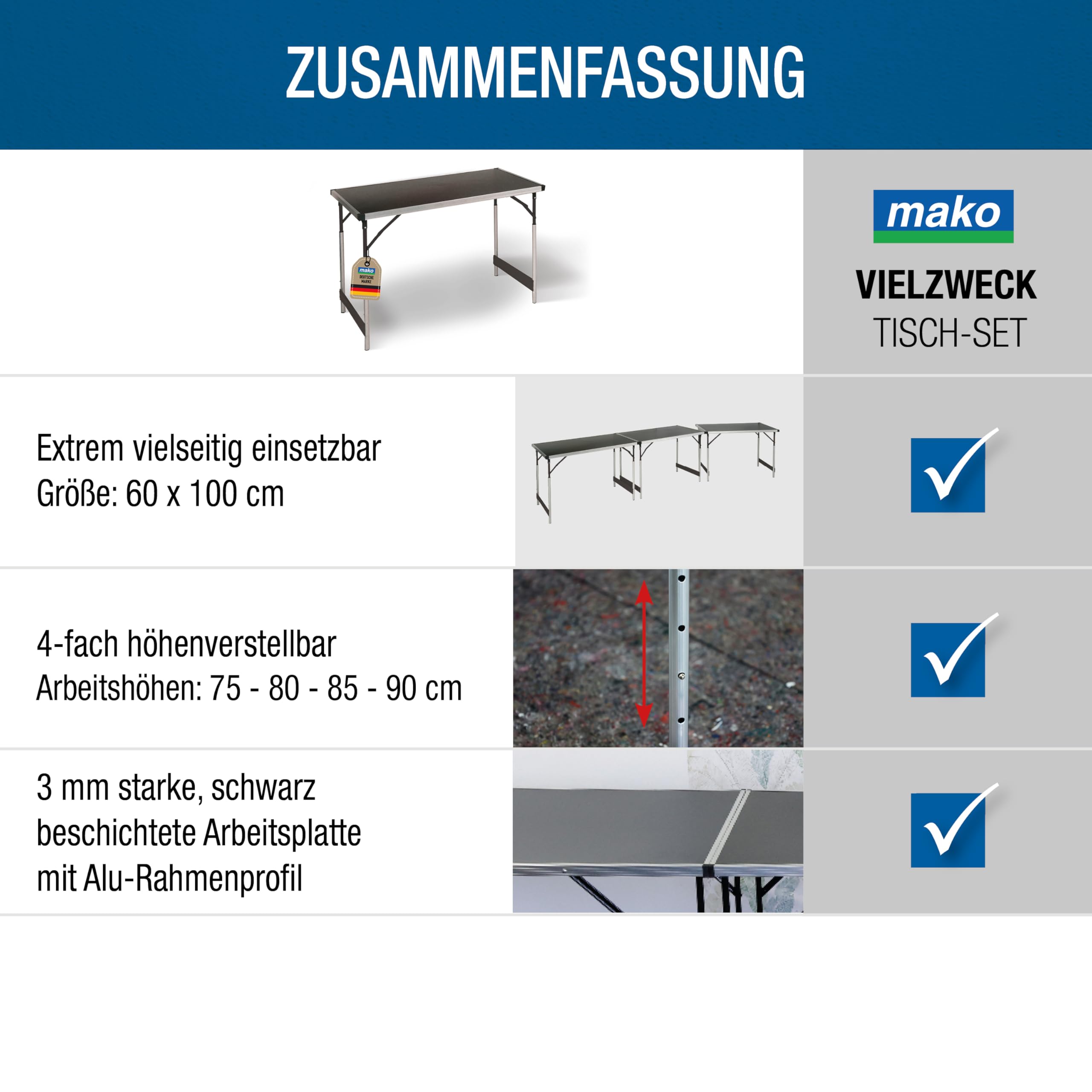 mako Multifunktionstisch Profi – Höhenverstellbarer Mehrzwecktisch 60 x 100 cm - Campingtisch, Klapptisch Markttisch, Beistelltisch zum Campen, im Garten oder für Festivals und Märkte