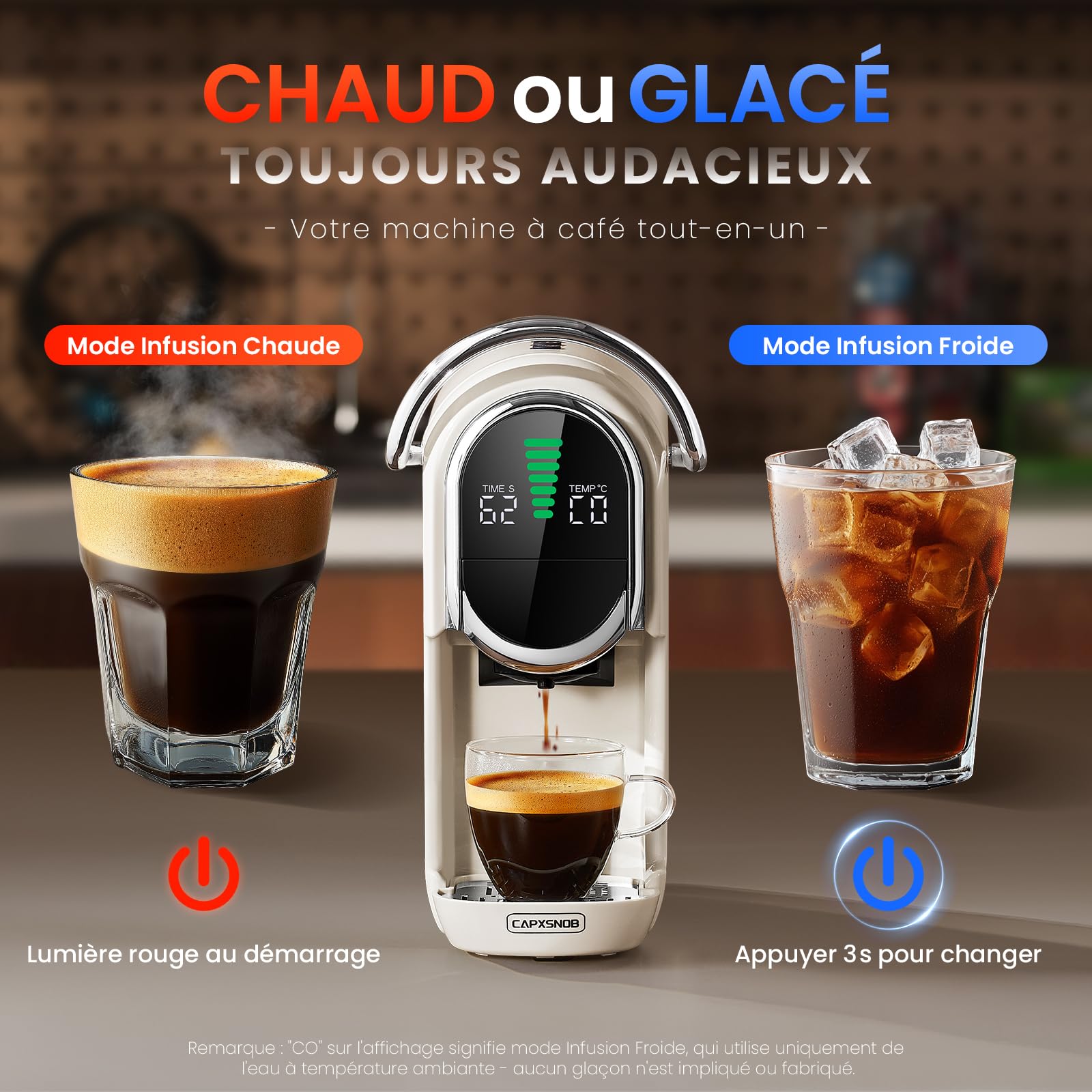 Magician1 Machine à café Capsules pour Nespresso, Dolce Gusto, Lavazza A Modo Mio, Dosettes ESE 44mm et Café Moulu, Température et Taille Tasse Réglable, 20Bar, Cafetière Chaud ou Froid (Blanc)