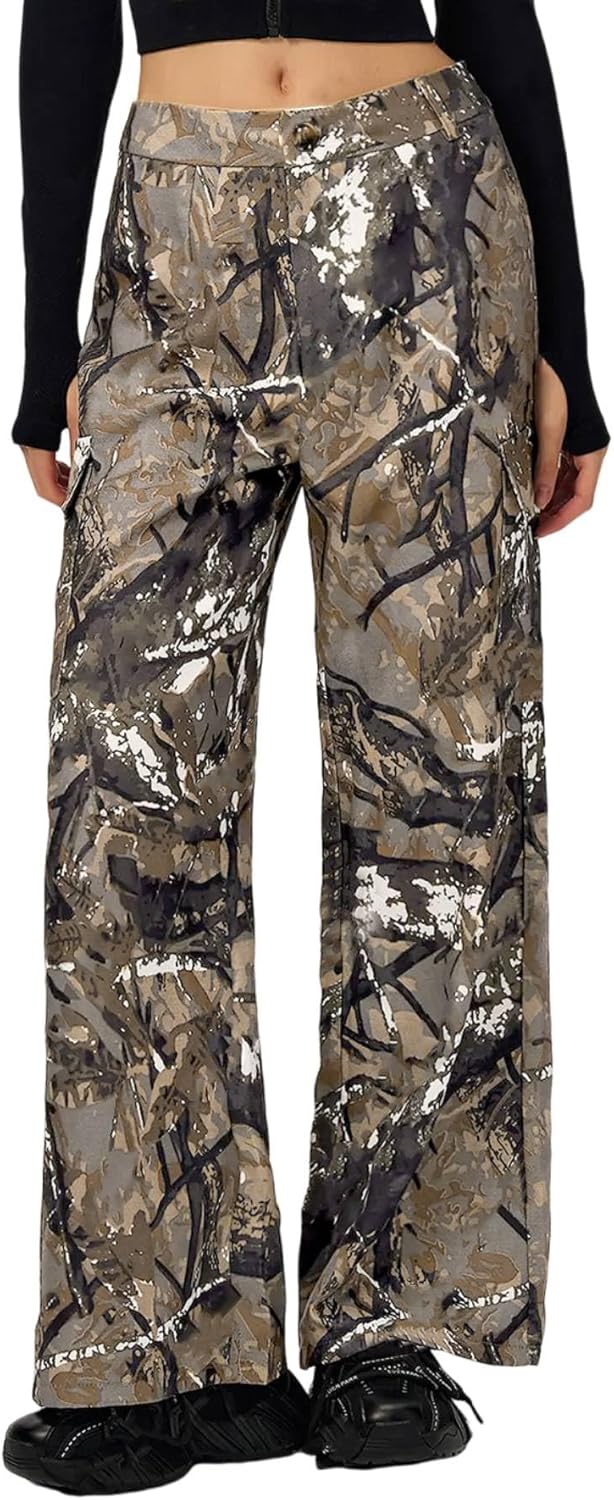 Camo Cargo Pants Women High Waist Baggy Wide Leg Camouflage Army Fatigue Jean Trouser Slim Fit Pocket Jogger Sweatpant