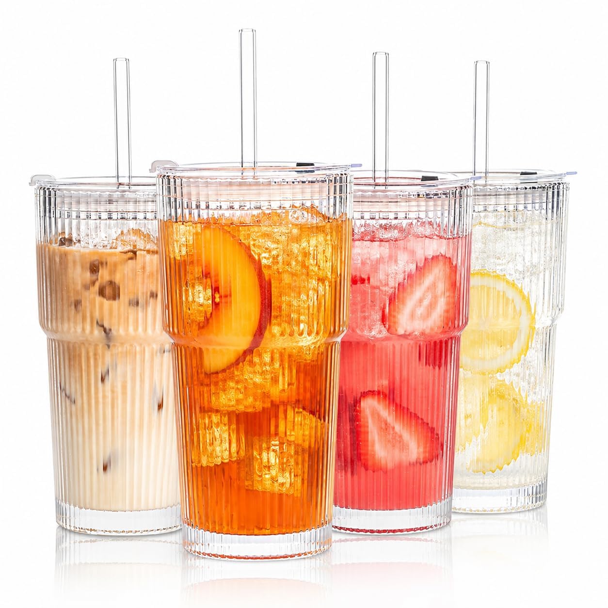 ALINK 2 bicchieri in vetro a coste da 600 ml, con coperchio e cannuccia, bicchieri da caffè freddo, set da long drink, design ermetico e impermeabile, ideali come caffè