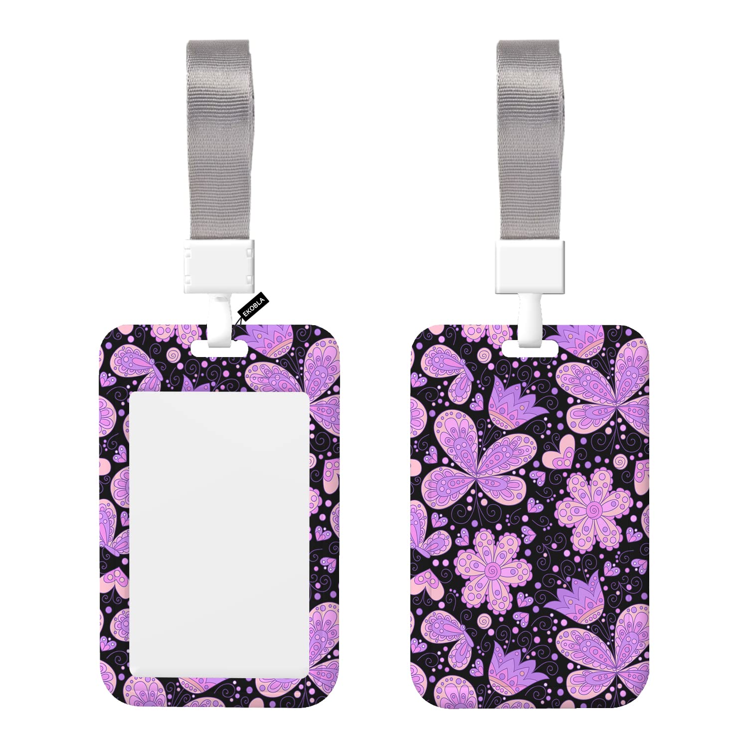 EKOBLA Vertical ABS ID Card Badge Holder Cute Butterfly Swirls Badge Holder for Office, Nurse, Teacher， Manager, Worker Colorful Flourish Floral Garden, Purple