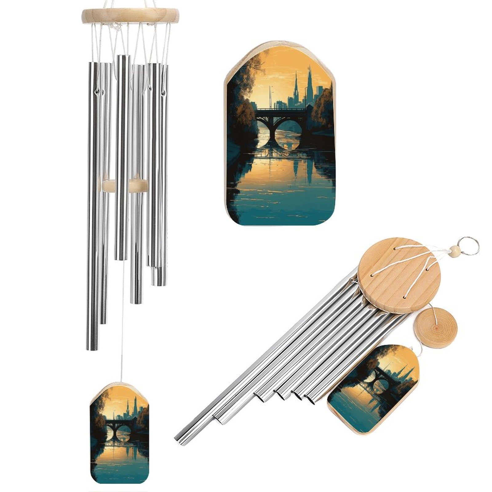 Btcowzrv Style Hand Drawn Buildings Wind Chimes For Outside, Hanging Windchimes With 6 Aluminum Tubes, Memorial Wind Chime For Patio Backyard Garden And Outdoor Decor