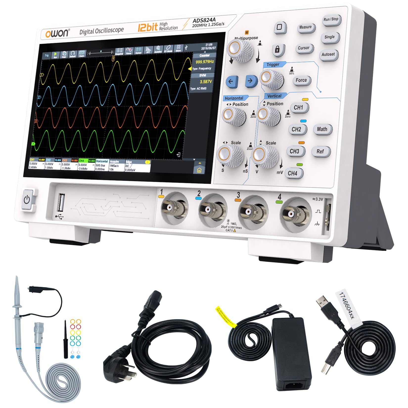 OWON ADS824A Oscilloscopio Digitale 4 Canali 200MHz, Alta Precisione 12 Bit, 700k wfms/s, 50Mpts, Touchscreen, CAN/LIN, FFT, USB-C HDMI, per Laboratorio, Automotive, Didattica