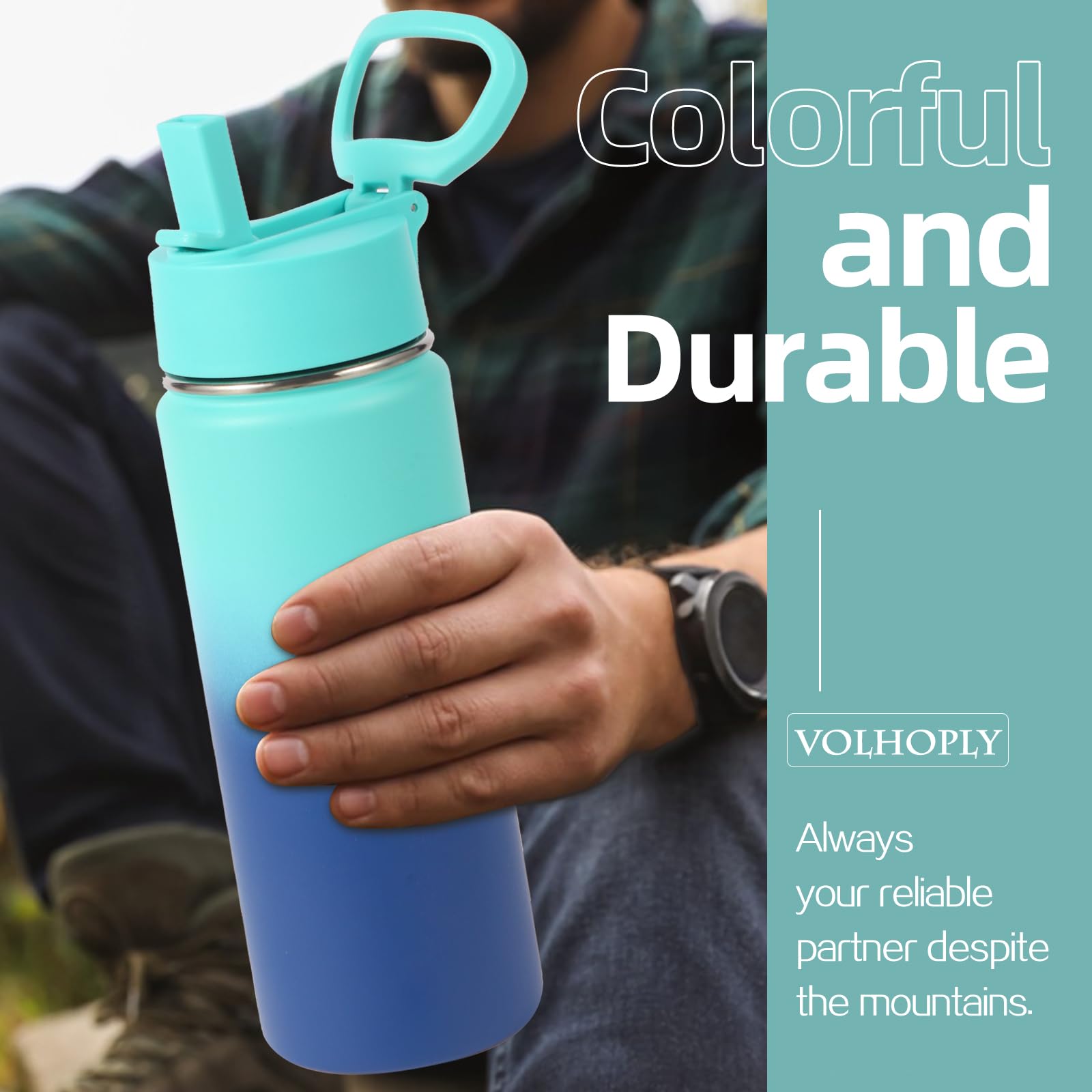 Volhoply 600ml Trinkflasche Edelstahl, vakuumisolierte doppelwandige Thermosflasche mit Strohhalm und Griff, inkl. 2 Deckeln, BPA-frei Isolierflasche für Outdoor Sport(Grün-Blau,4er-Set)