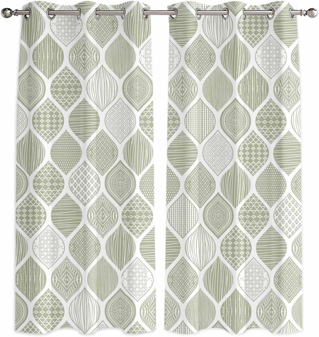 Grommet Top Window Curtains, Geometric Green Texture Durable Light Blocking Windows Drapes for Kitchen/Bedroom/Living Room, Window Treatments Curtain Set of 2 Panels 42x84 in