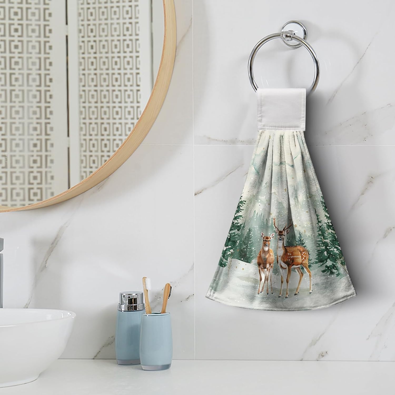 Rustic Farmhouse Winter Hanging Hand Towels with Loop - Pine Trees Xmas Deer Kitchen Dish Towels Absorbent Soft Fast Drying Set of 2 - Image 2