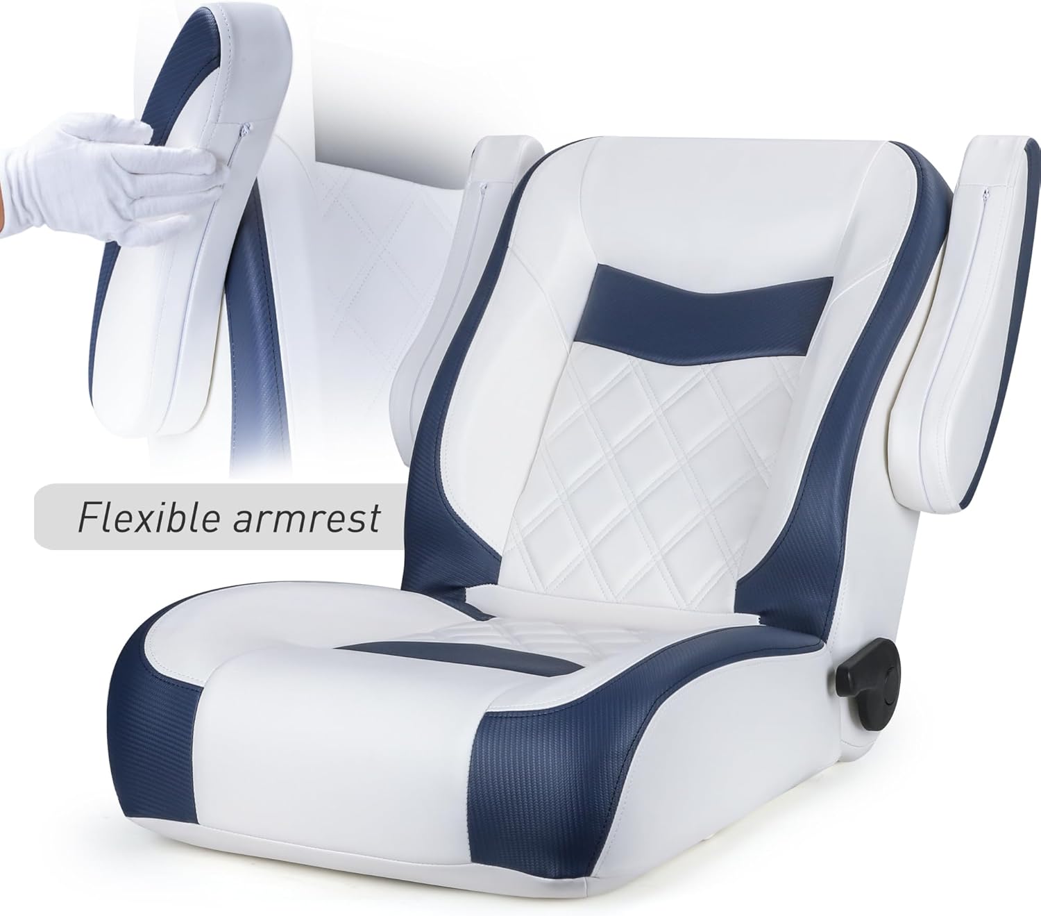 Premium Reclining Pontoon Low Back Captain's Chair Boat Bucket Seat with Armrest,White/Navy Blue