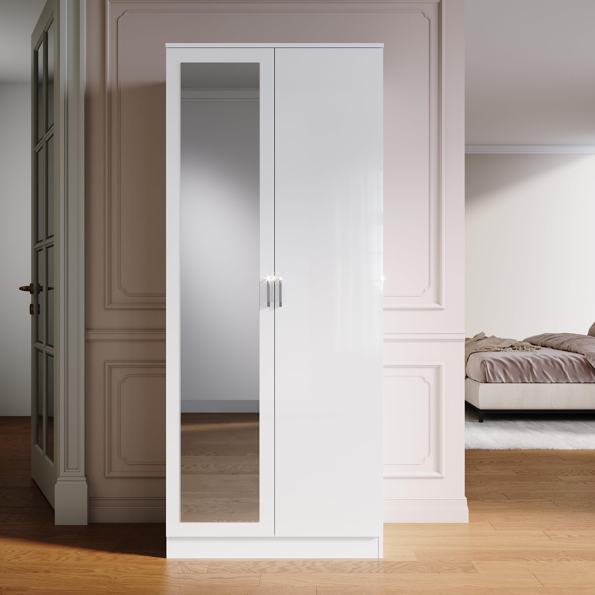 SONNI Kleiderschrank mit Spiegeltür Weiß, Vielseitiger Drehtürenschrank 2-türig für Ihr Schlafzimmer, 76cm(B) x47cm(T) x180cm(H).