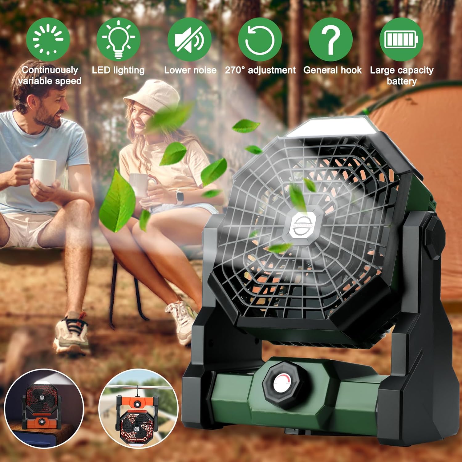 Portable Rechargeable Camping Fan with LED Lantern - 270° Rotation, 8 Speeds, Dual Motor, USB C, Battery Operated for Camping, Travel (Green) - Image 3