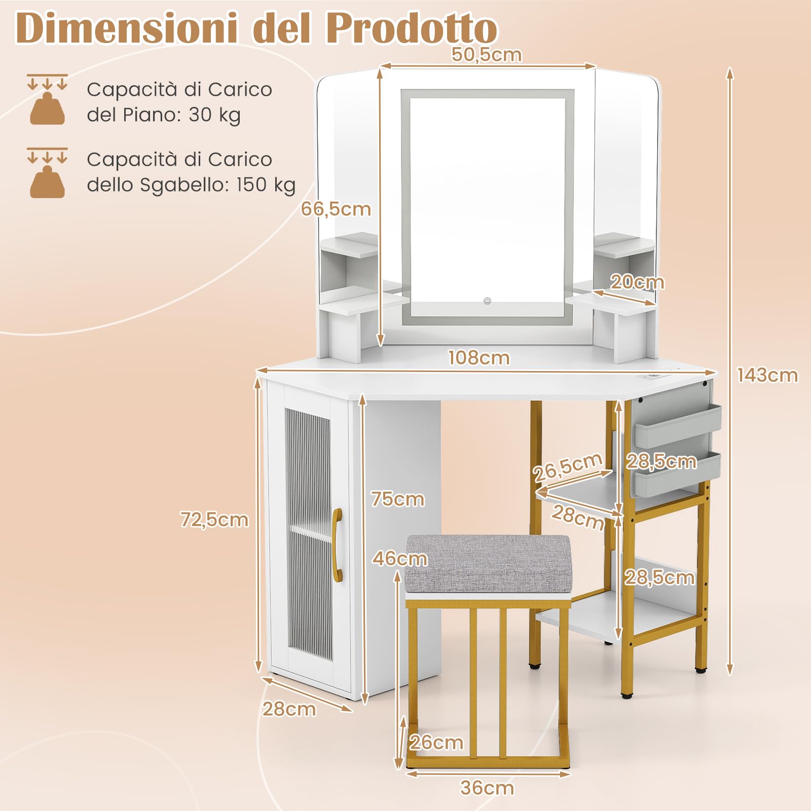 COSTWAY Toeletta da Trucco con Luci Regolabile, Tavolo da Toeletta Angolare con Triplo Specchio, Sgabello, Mensole Aperte e Armadietto, 2 Sacchetti in Tessuto, per Soggiorno Camera da Letto