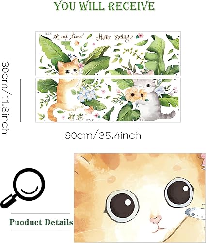 Miniatura 5 de Calcomanías de pared con diseño escandinavo de hojas de palmera de gatitos lindos y frescos, calcomanías de pared de animales de gato de dibujos