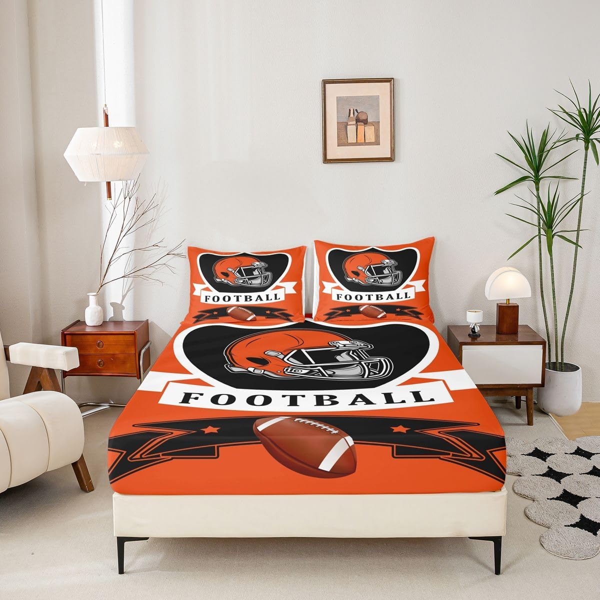 Erosebridal Cincinnati Bed Sheets Queen Size Boys Football Sports Room Decor 3 Pieces Gridiron Seasonal Fitted Sheet, Rugby Game Bed Sets for Sports Fans Players Lover Gifts