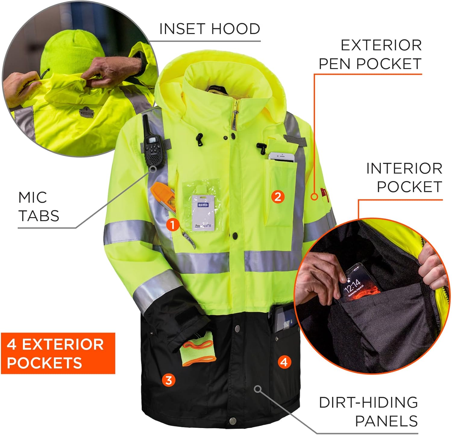 High Visibility Reflective Thermal Jacket Set, Includes Outer Rain Shell & Thermal Jacket with Zip Off Sleeves