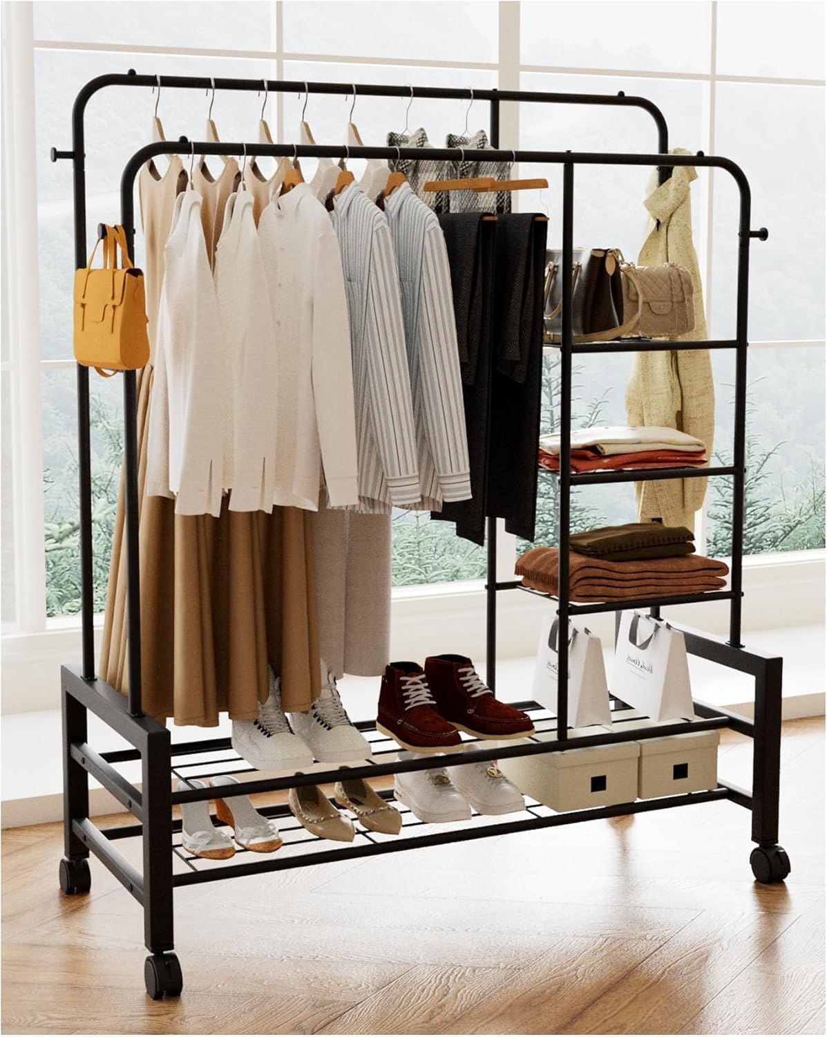 YLGJ&TIDY Expanded Capacity Clothes Rack, Clothing Racks for Hanging Clothes with Double Rods, More Storage Shelves and Hooks, Rolling Rack for Clothes, Heavy Duty Garment Rack Black