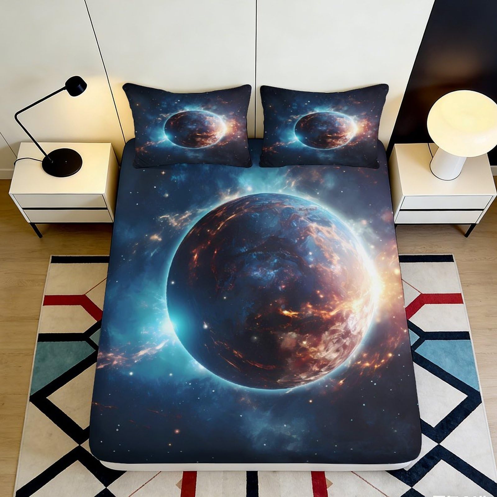 3D Printed Galaxy Starry Sky Fitted Sheet Microfiber Soft Deep Blue Cosmic Nebula Mattress Cover Bedroom Decor 90x200x25cm