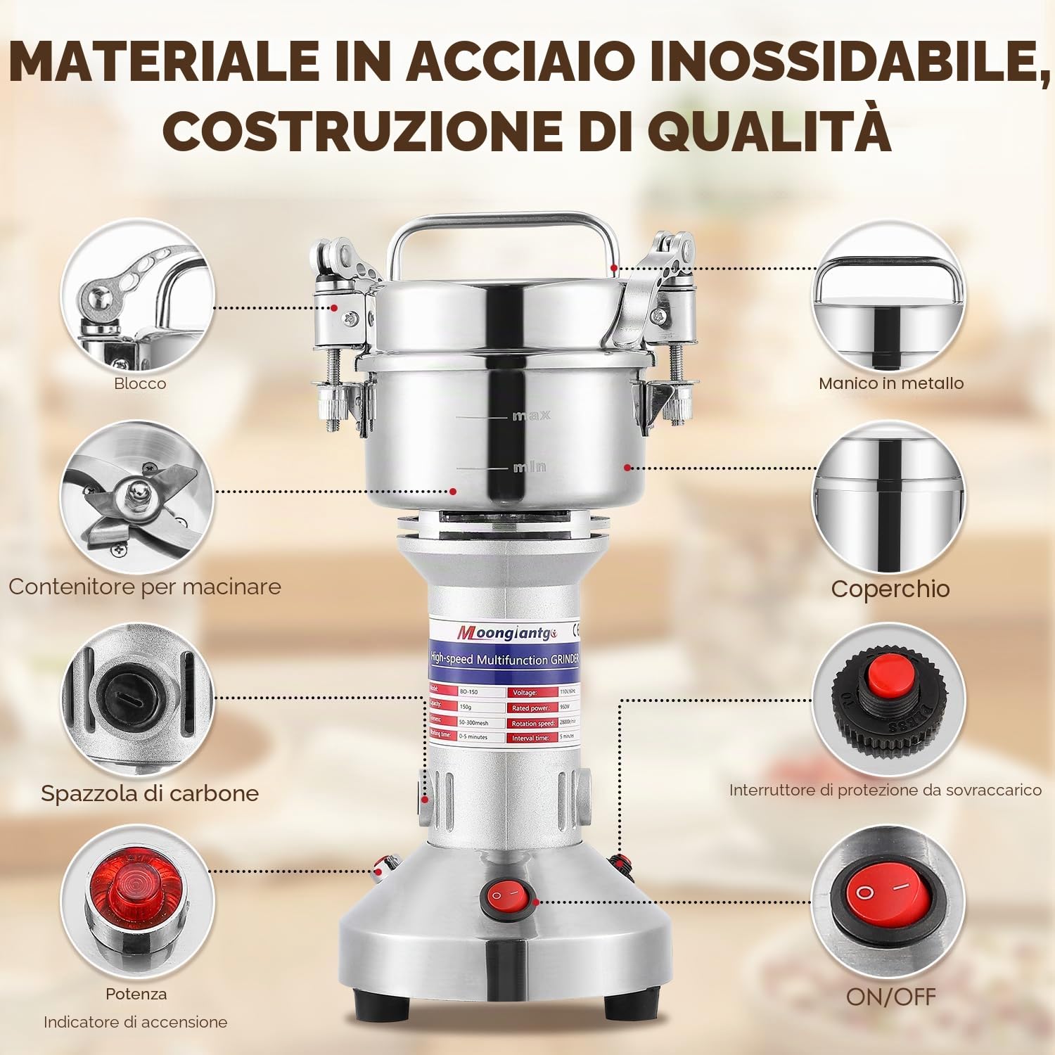 Moongiantgo Mulino Elettrico per Cereali 150g Mulino per Spezie Acciaio Inossidabile, 950W 28000RPM Motore Commerciale & 30s Rettifica Superfine ad Alta Velocità, per Cereali/Erbe/Spezie/Noci
