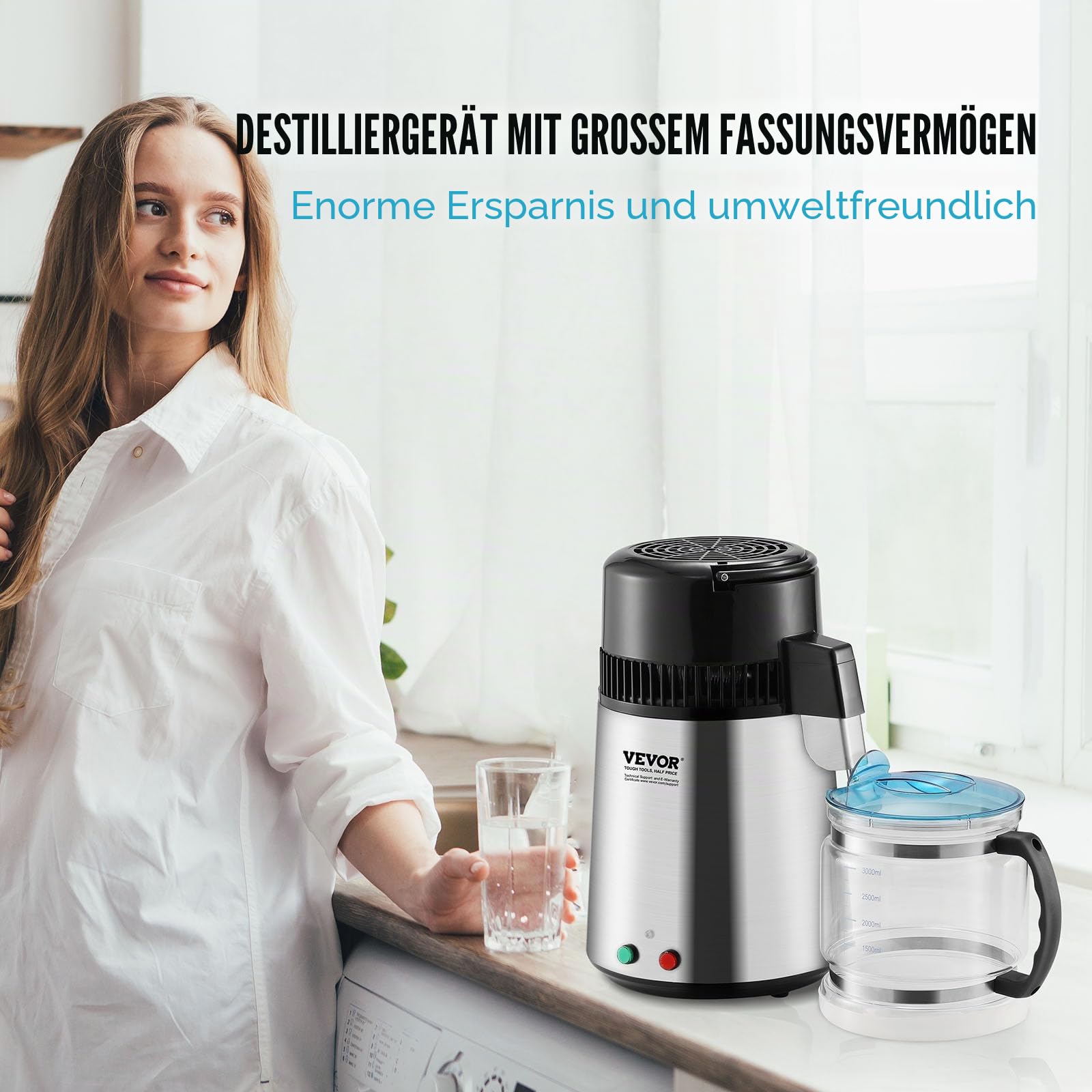VEVOR Wasserdestilliergerät, 4 l, Destilliermaschine, 1 l/h, 24 l/Tag, innen aus lebensmittelechtem Edelstahl, hohe Effizienz bei der Reinigung von Leitungswasser