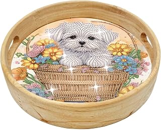 DIY Diamond Serving Tray Round Handmade Diamond Art Painting Wooden Breakfast Tray with Handles Dinner Plate for Coffee Living Room Home Organizer Diameter 21.5cm-White Puppy-Small