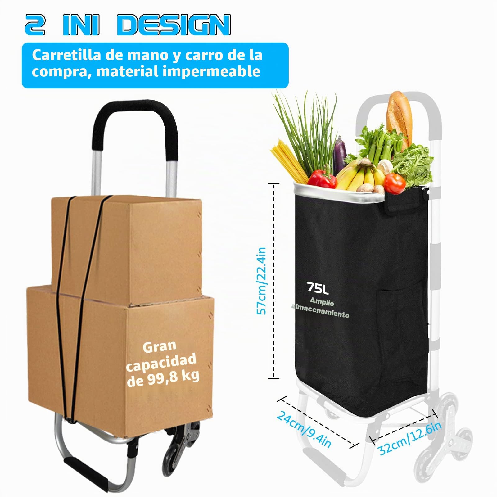 Carro de la compra plegable 3 en 1, carro de la compra para escalera, carrito de compras plegable con bolsa de lona impermeable extraíble y ruedas para escalera, carrito multiusos portátil