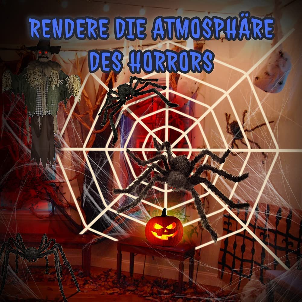Ensemble Décoration Halloween Toile D'Araignée Géante 360cm Avec 2 Araignées + Soie D'Araignée + 10 Petites Araignées - Pour Cour Et Maison - 8