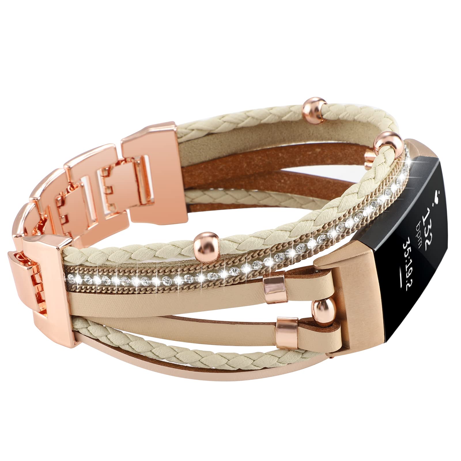 YONWORTH Posh Leather Band Compatible with Fitbit Charge 4 Charge 3 Bands, Women Boho Bracelets Wristbands Jewelry Multilayer Wrap