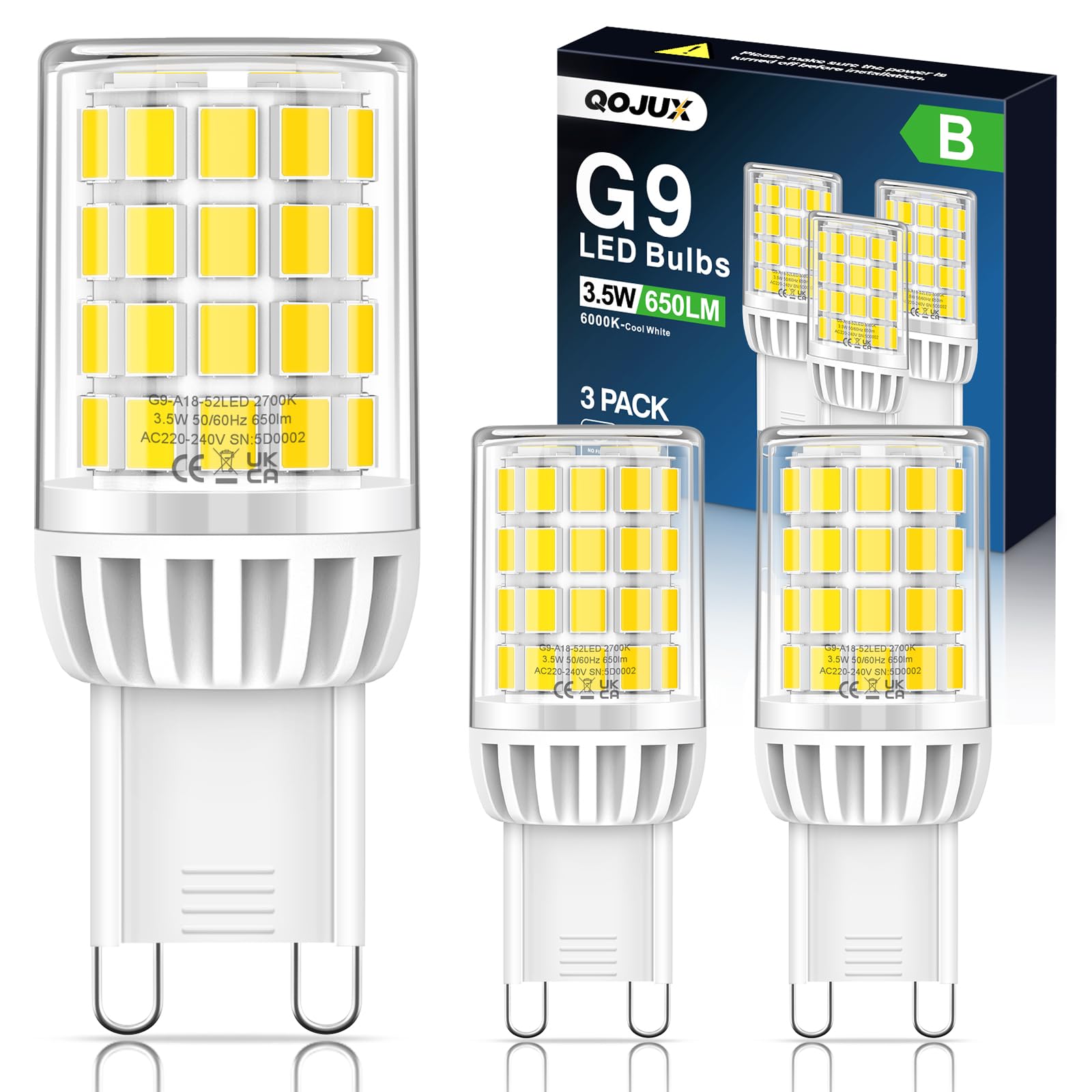 QOJUX G9 LED Lampen Kaltweiß, 3.5W 650LM Energieeffizienz der Klasse B, Ersatz für 30W 40W 50W Halogenlampe, G9 LED Glühbirne Leuchtmittel, Nicht dimmbar, Kein Flimmern,AC 220-240V, 3 Stück