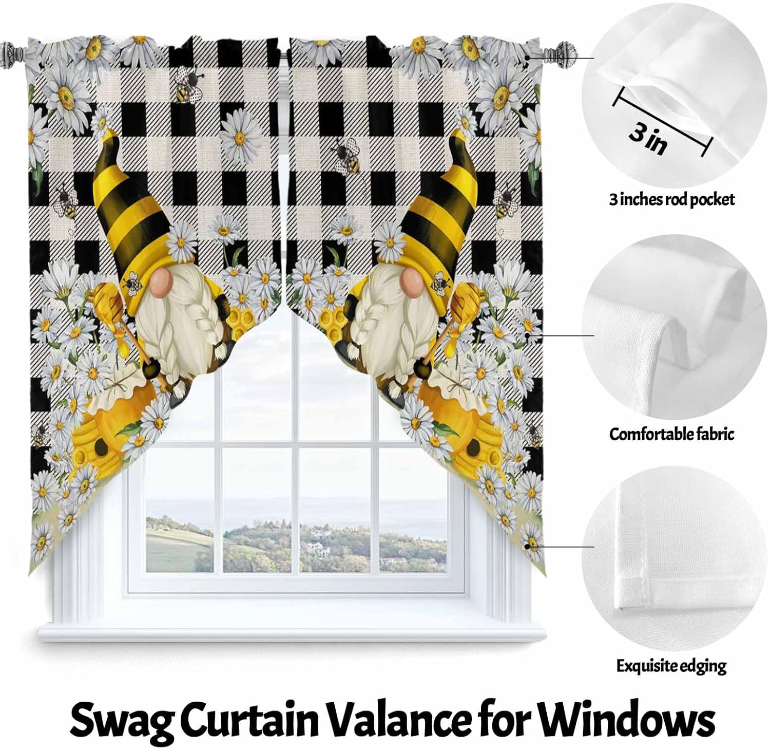 Spring Bee Gnome Swag Valance, Honey Bee Gnome Daisy Rod Pocket Kitchen Valance, Buffalo Check Plaid Scalloped Swag Curtains for Living Room Bathroom Window, 1 Pair, 28" W x 36" L