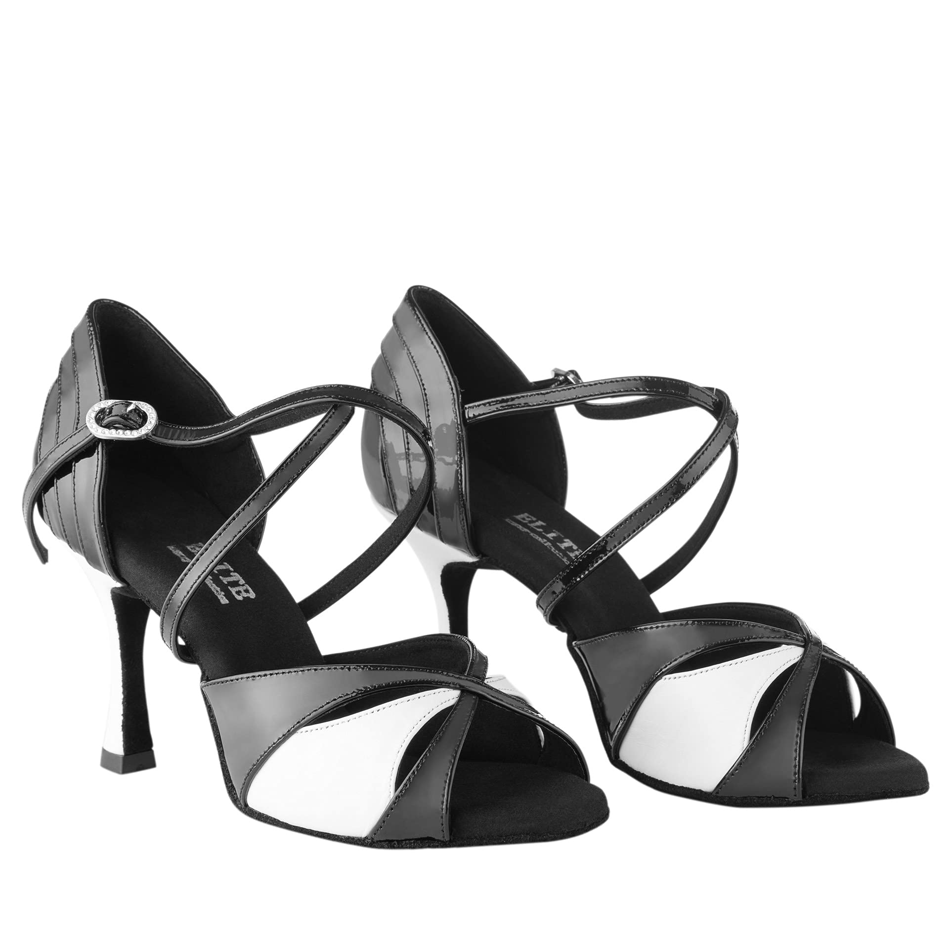 Rummos Donne Scarpe da Ballo Elite Paloma 035/004 - Pelle/Pelle Verniciata Noir/Bianco - Larghezza Normale - 7 cm 70R Flare Tacco - Made in Portugal